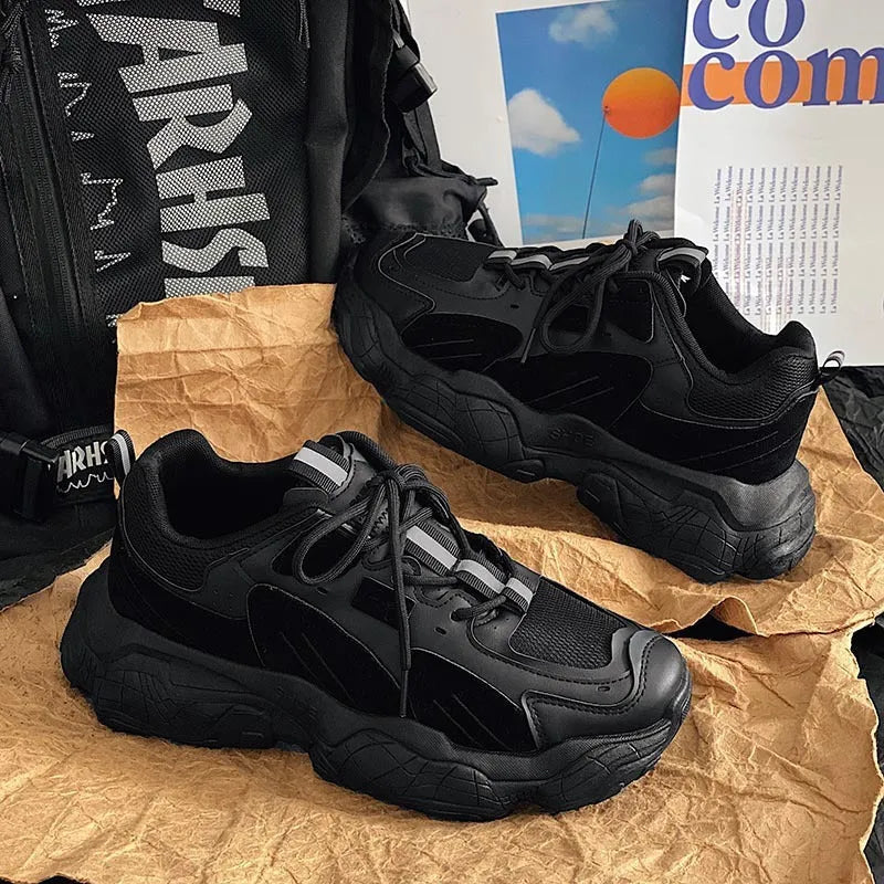 Mesh sneakers low-top casual daddy shoes black colour artificial PU upper