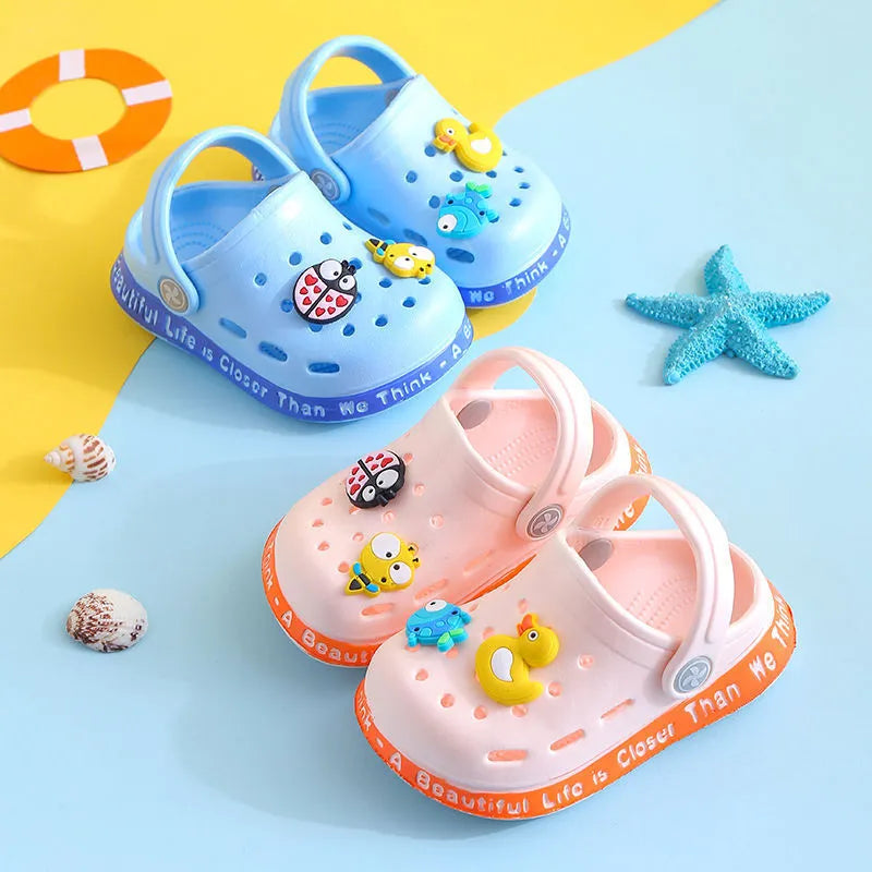 PVC toddler summer slippers with cartoon animal patterns in multiple colours