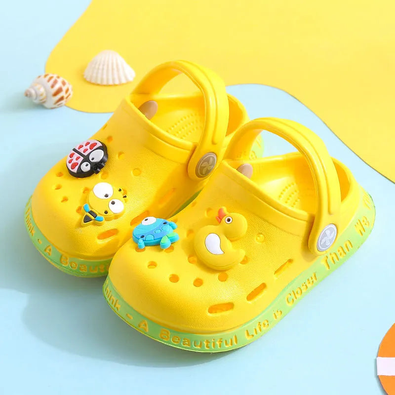 PVC toddler summer slippers with cartoon animal patterns in multiple colours