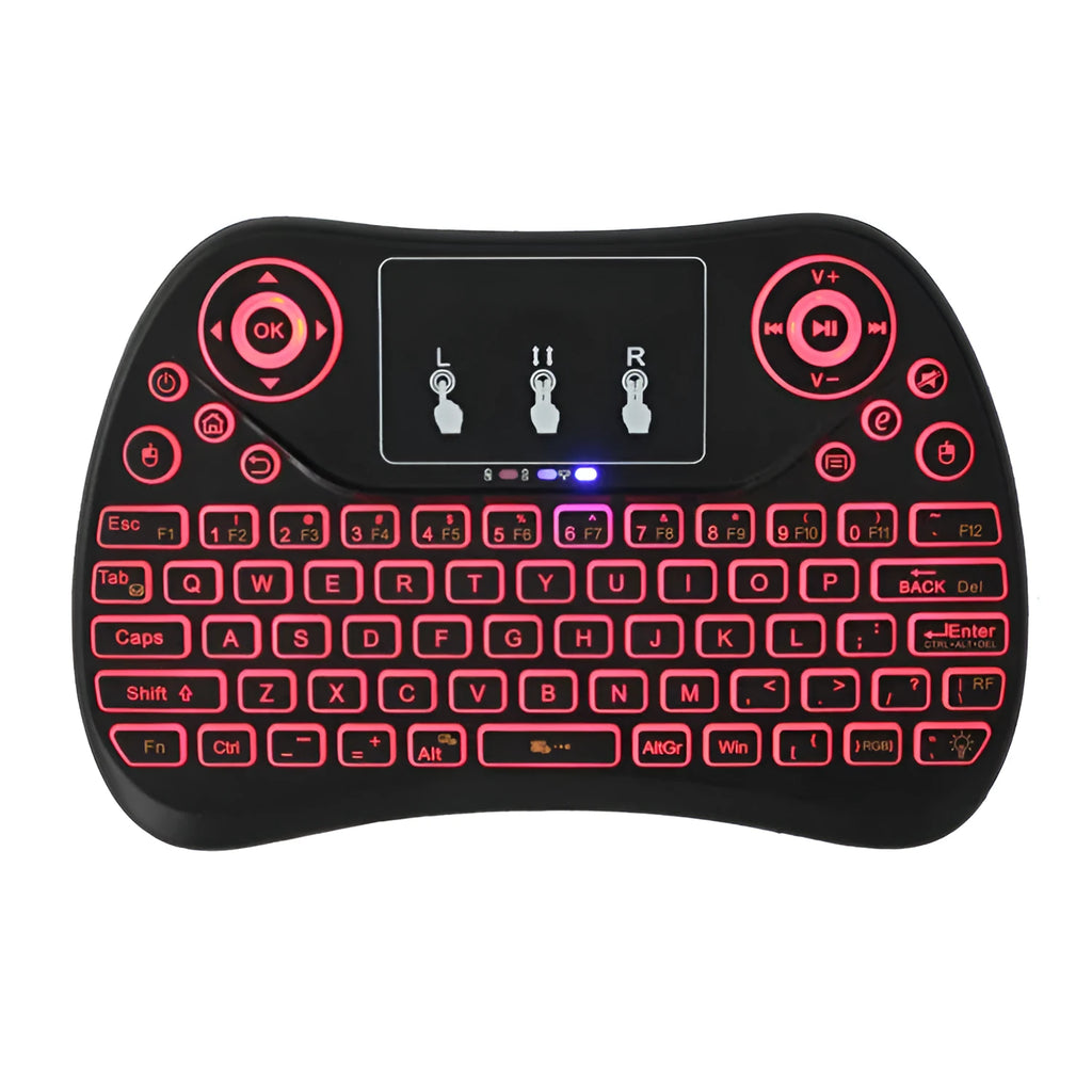 Mini wireless touch keyboard with multi-colour backlight and English keys on a dark background.