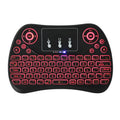 Mini wireless touch keyboard with multi-colour backlight and English keys on a dark background.