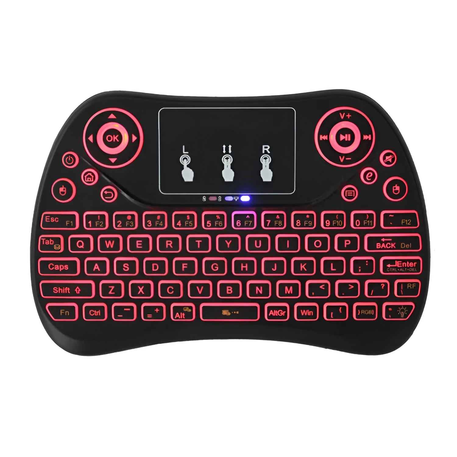 Mini wireless touch keyboard with multi-colour backlight and English keys on a dark background.