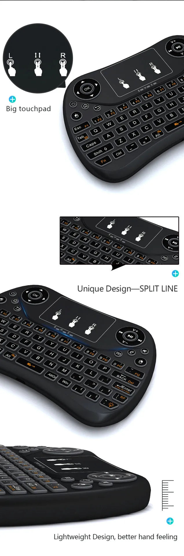 Mini wireless touch keyboard with multi-colour backlight and English keys on a dark background.