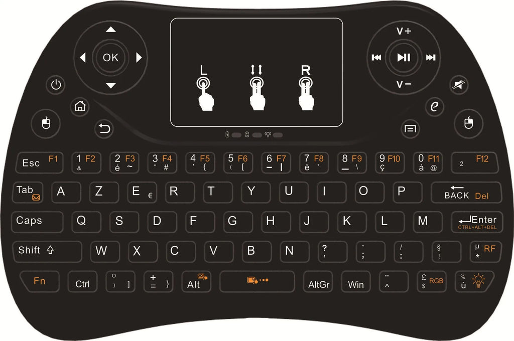 Mini wireless touch keyboard with multi-colour backlight and English keys on a dark background.