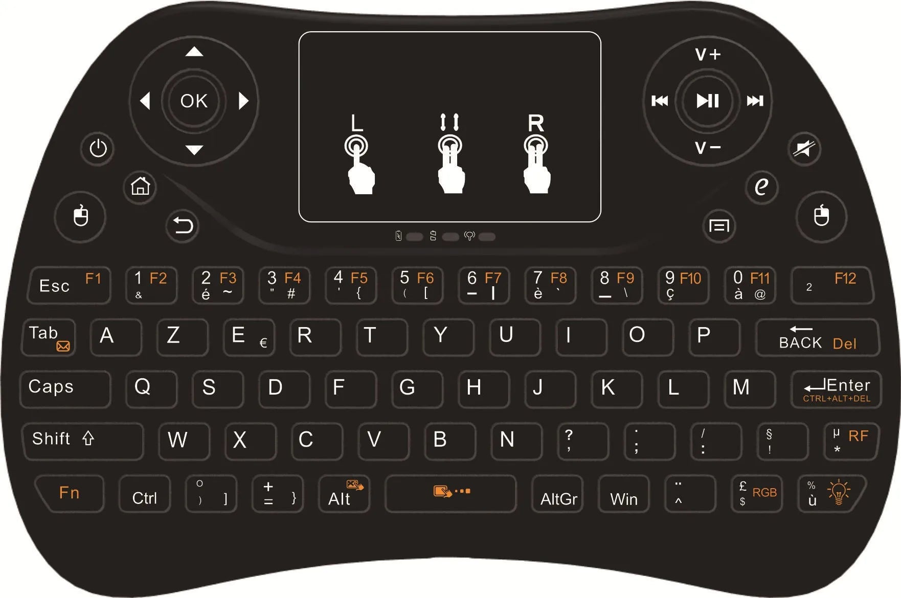 Mini wireless touch keyboard with multi-colour backlight and English keys on a dark background.