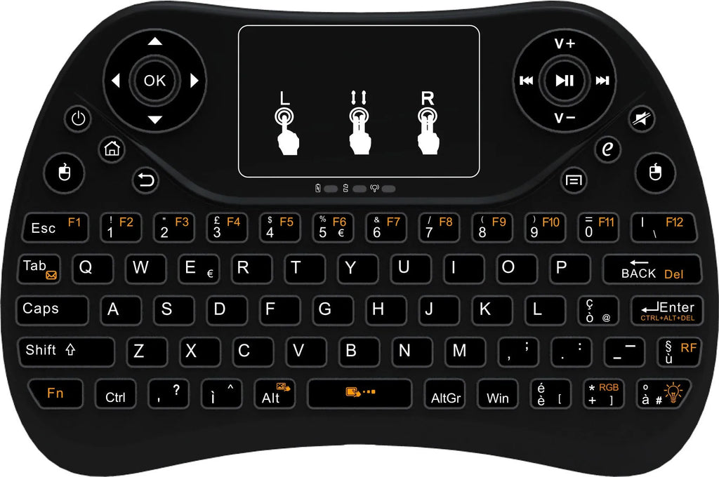 Mini wireless touch keyboard with multi-colour backlight and English keys on a dark background.