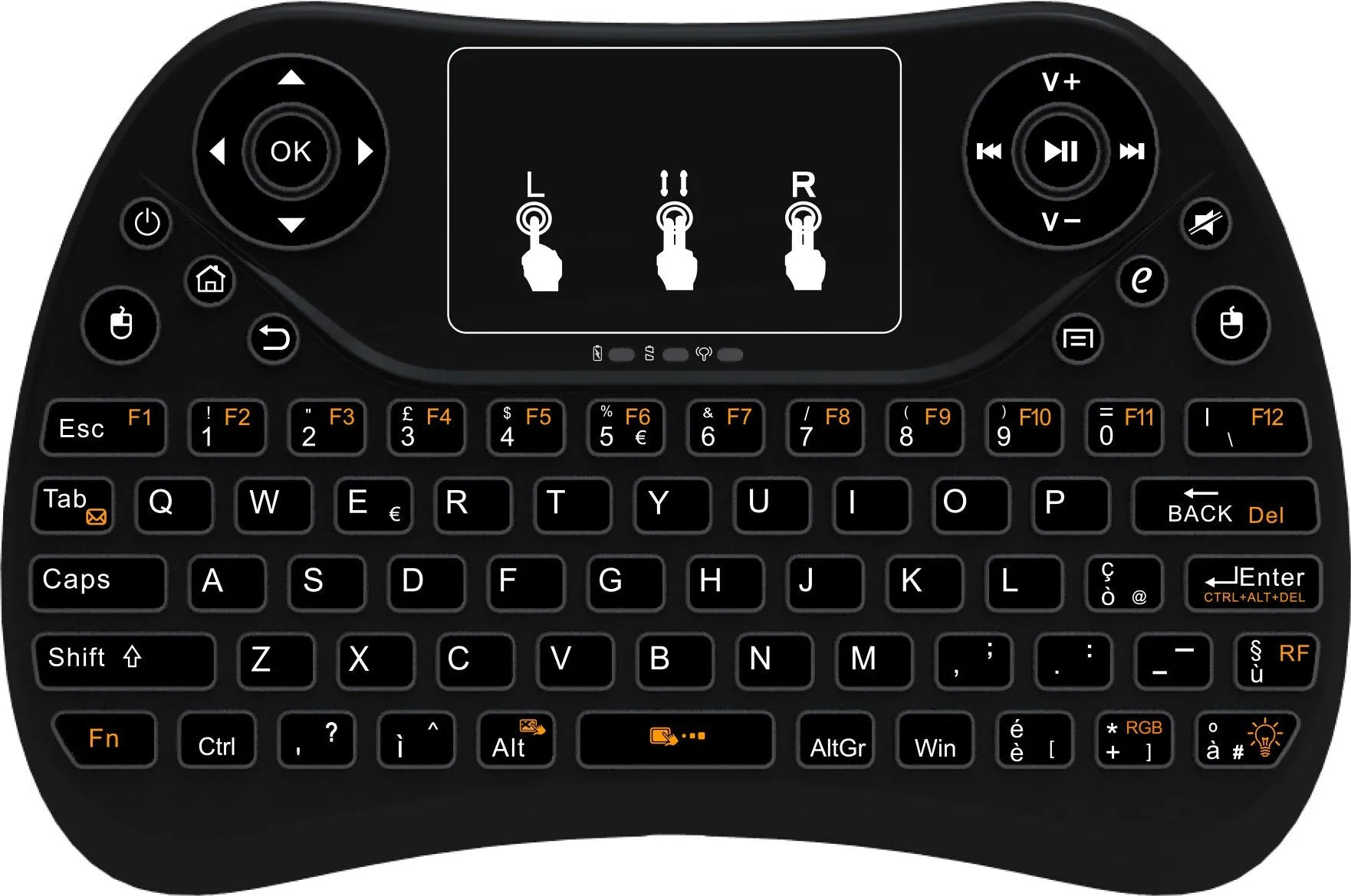 Mini wireless touch keyboard with multi-colour backlight and English keys on a dark background.