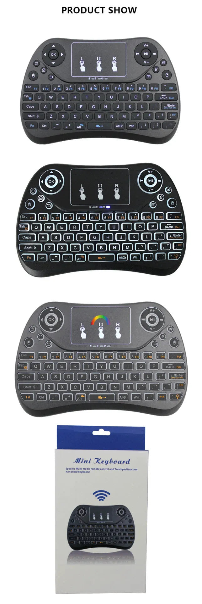 Mini wireless touch keyboard with multi-colour backlight and English keys on a dark background.