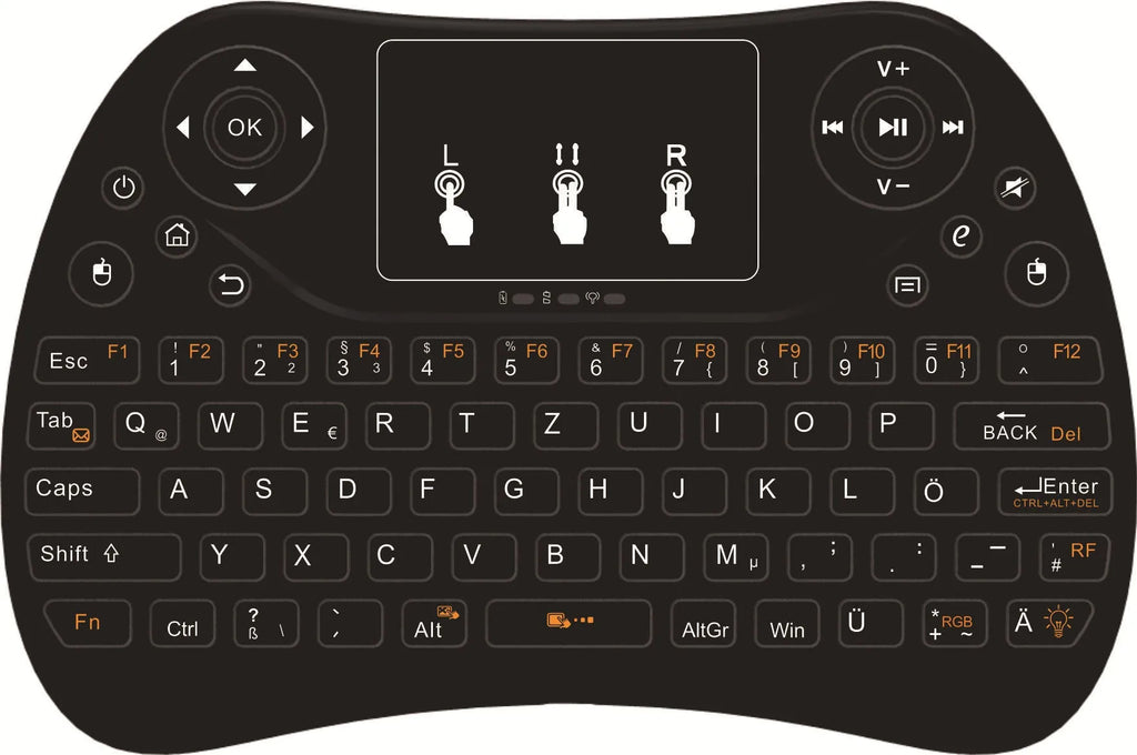 Mini wireless touch keyboard with multi-colour backlight and English keys on a dark background.