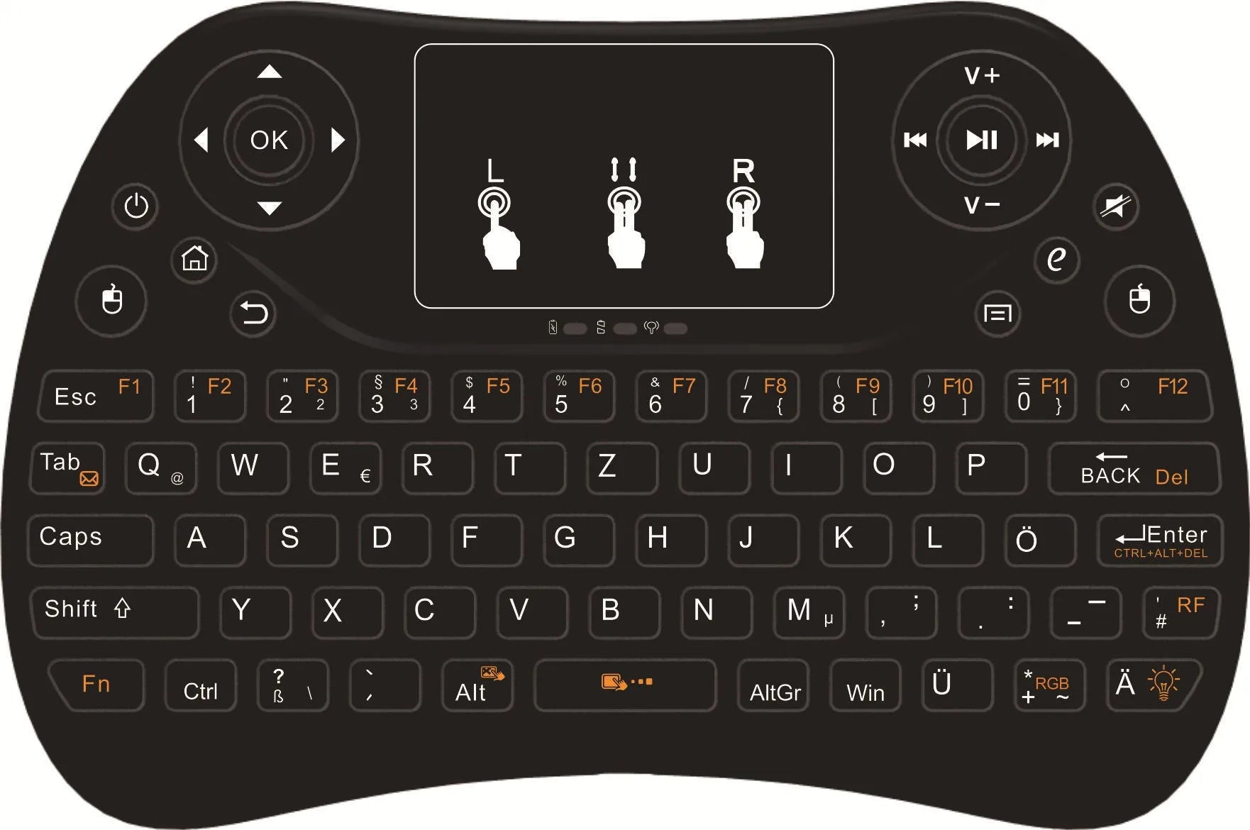 Mini wireless touch keyboard with multi-colour backlight and English keys on a dark background.