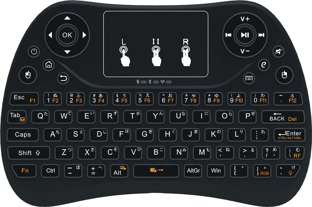 Mini wireless touch keyboard with multi-colour backlight and English keys on a dark background.