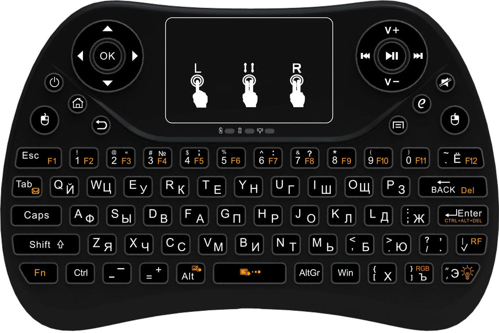 Mini wireless touch keyboard with multi-colour backlight and English keys on a dark background.