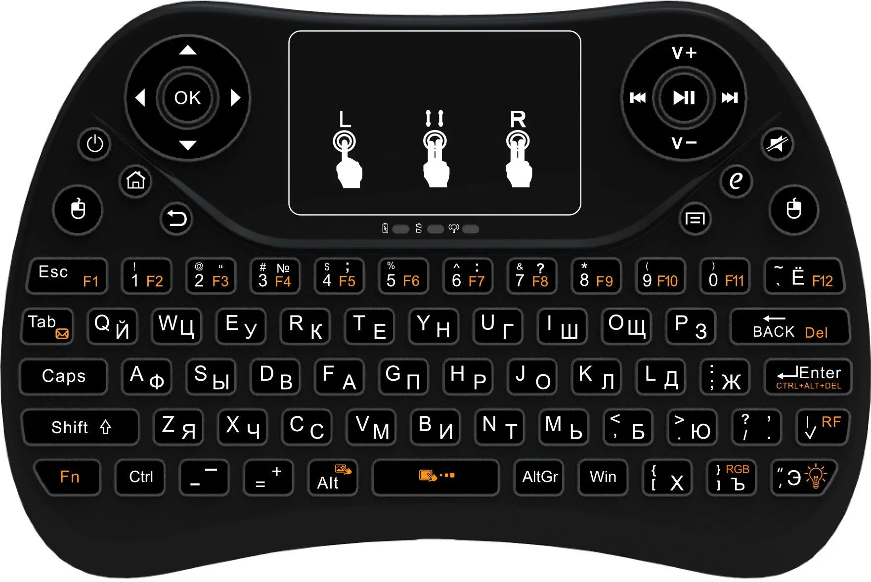 Mini wireless touch keyboard with multi-colour backlight and English keys on a dark background.