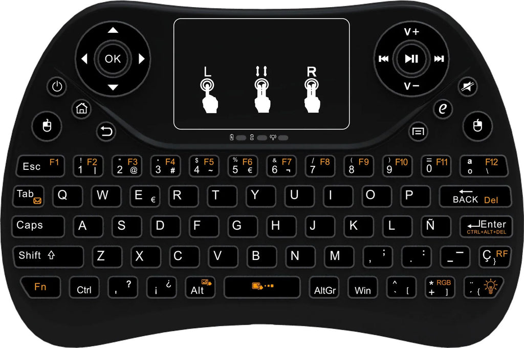 Mini wireless touch keyboard with multi-colour backlight and English keys on a dark background.