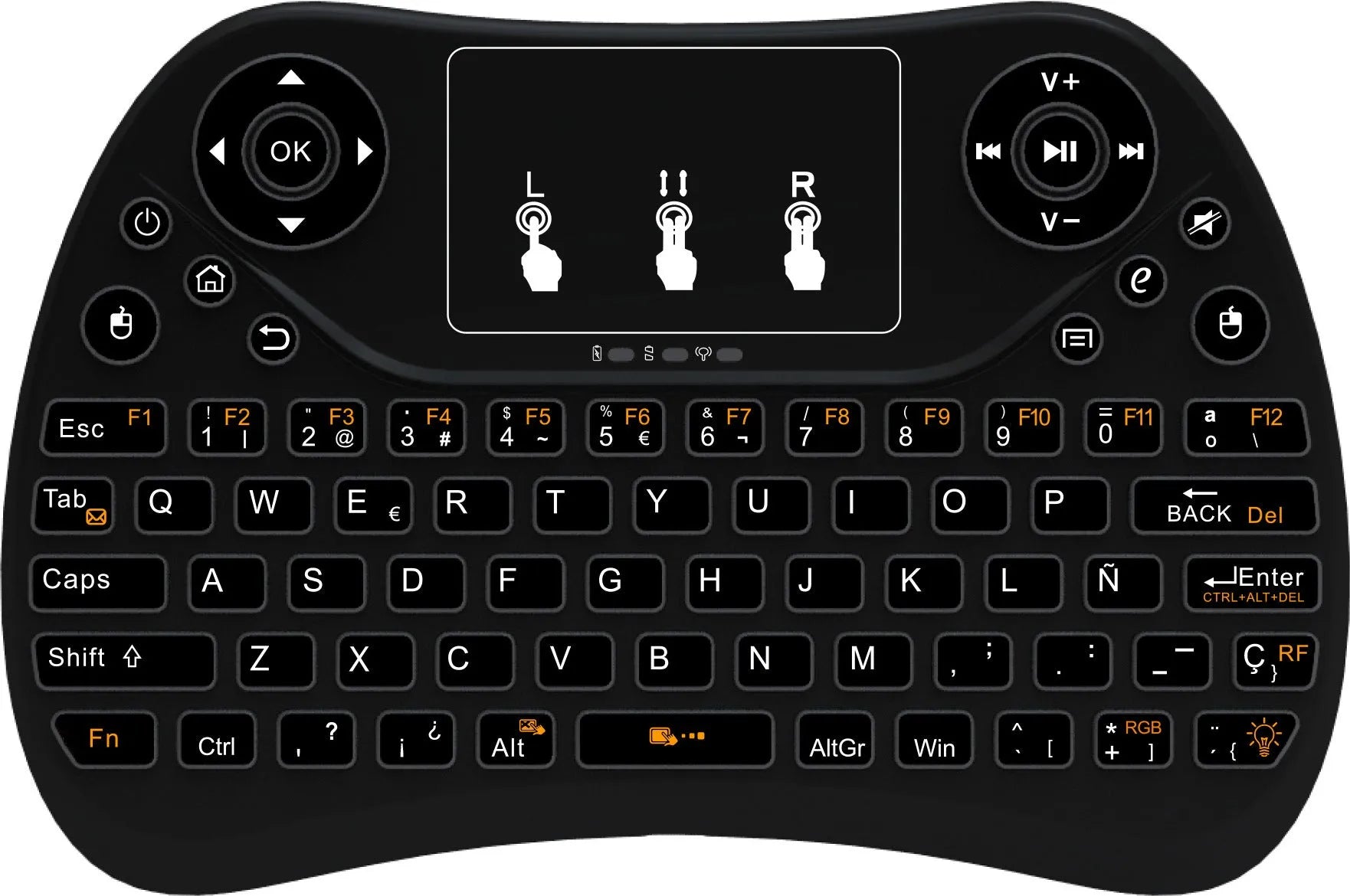 Mini wireless touch keyboard with multi-colour backlight and English keys on a dark background.