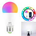 Smart WiFi LED light bulb with RGB colour-changing and white light modes for E27 and B22 fittings.