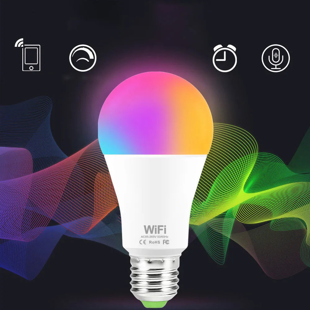 Smart WiFi LED light bulb with RGB colour-changing and white light modes for E27 and B22 fittings.