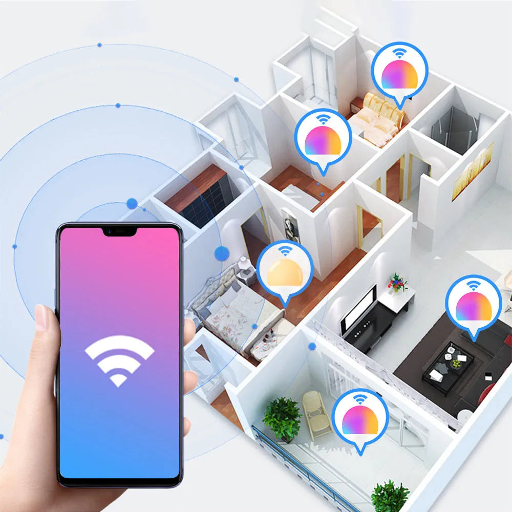 Smart WiFi LED light bulb with RGB colour-changing and white light modes for E27 and B22 fittings.