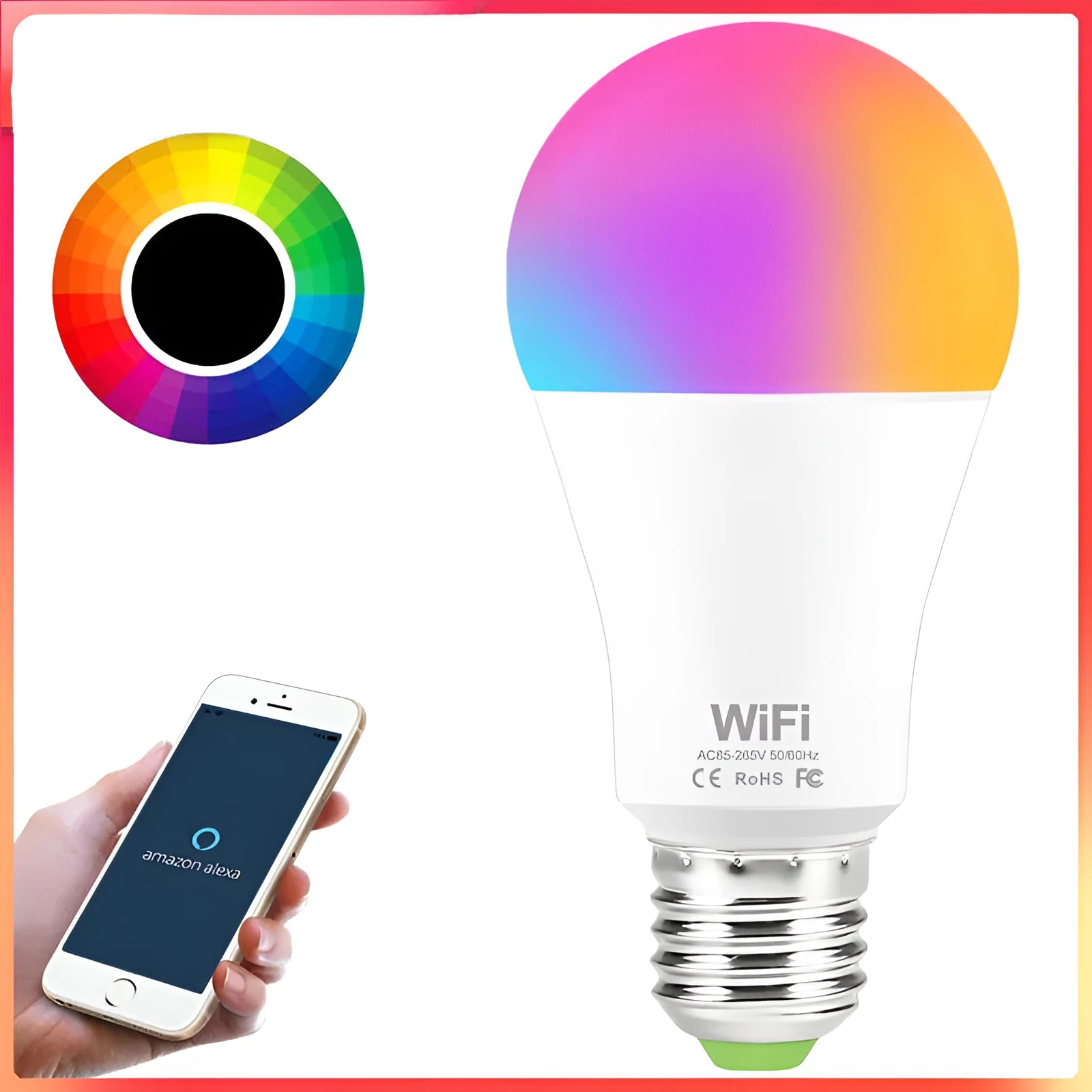 Smart WiFi LED light bulb with RGB colour-changing and white light modes for E27 and B22 fittings.