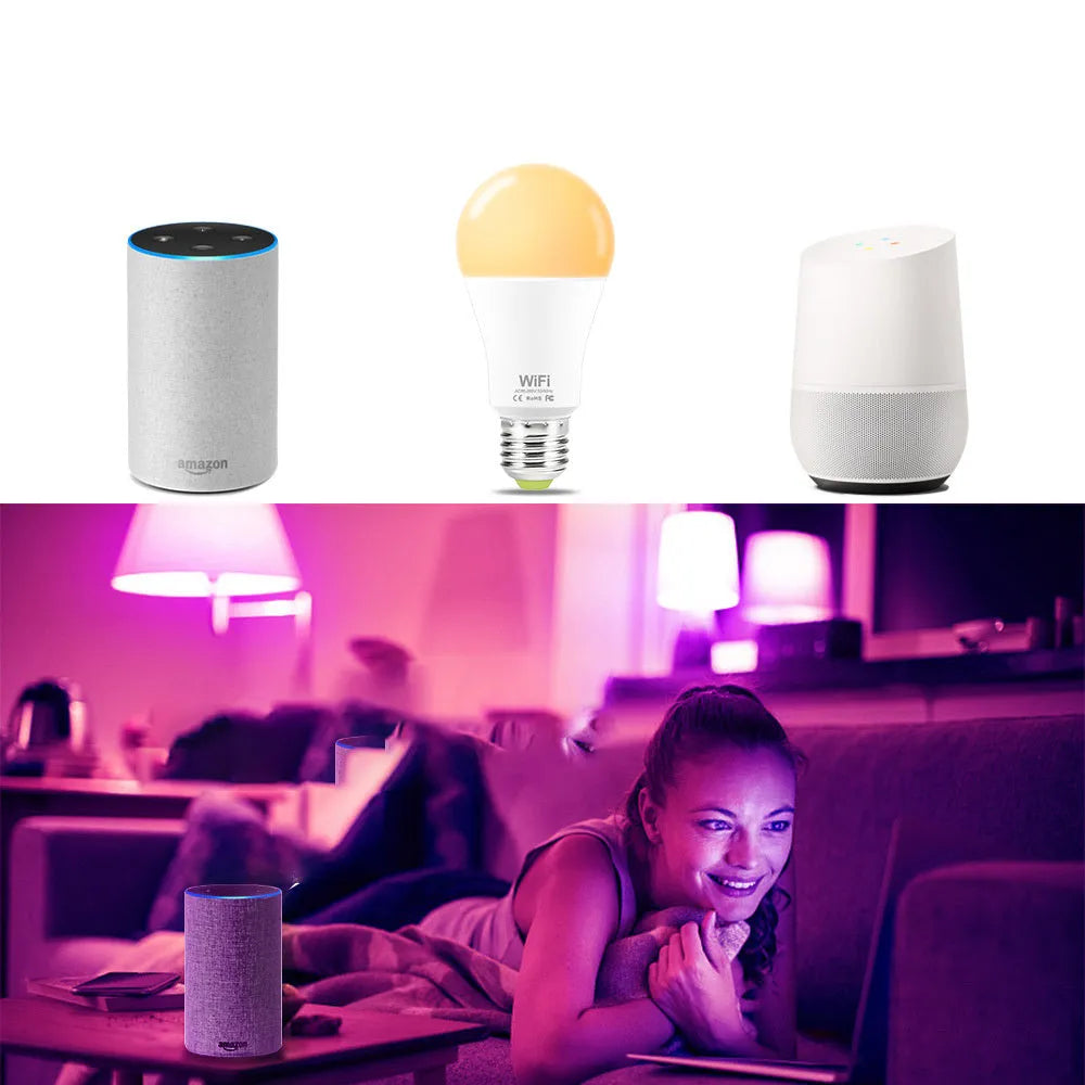 Smart WiFi LED light bulb with RGB colour-changing and white light modes for E27 and B22 fittings.