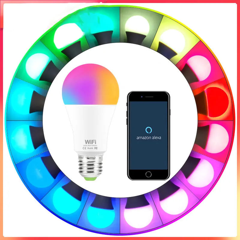 Smart WiFi LED light bulb with RGB colour-changing and white light modes for E27 and B22 fittings.