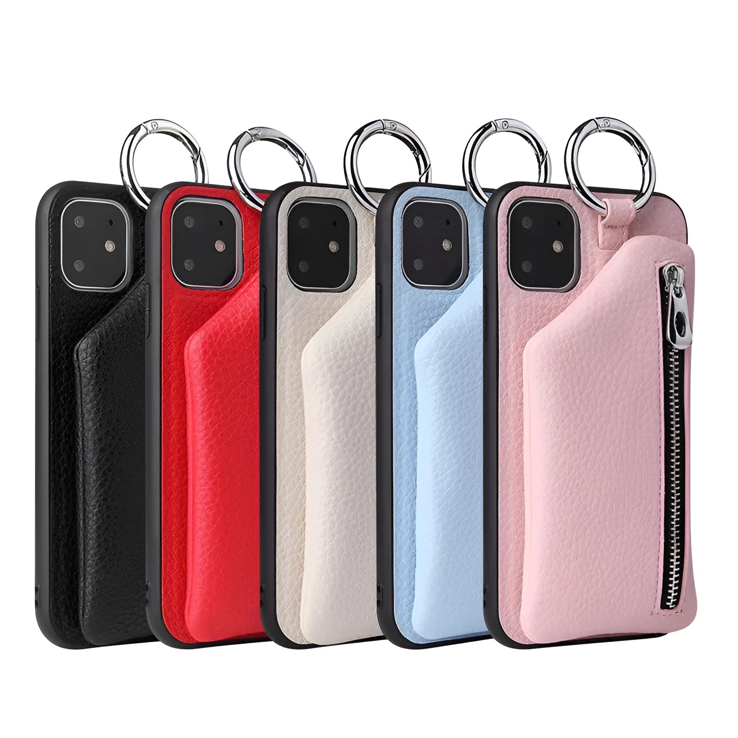 Pink PU leather phone case with a matching crossbody neck lanyard attached, shown fitting an iPhone.