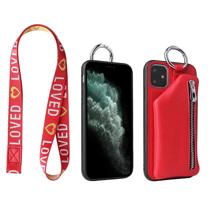 Pink PU leather phone case with a matching crossbody neck lanyard attached, shown fitting an iPhone.