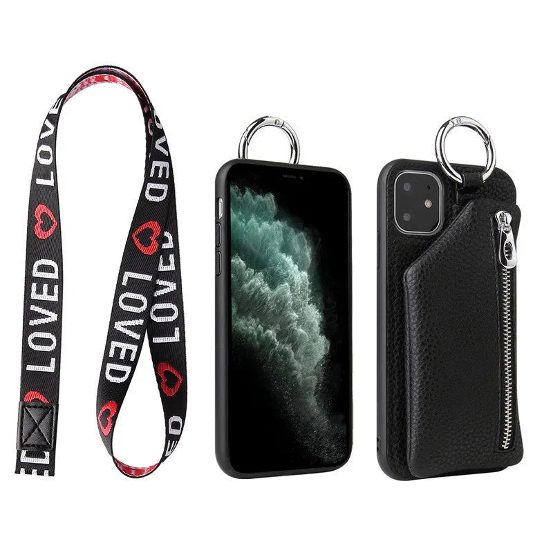 Pink PU leather phone case with a matching crossbody neck lanyard attached, shown fitting an iPhone.