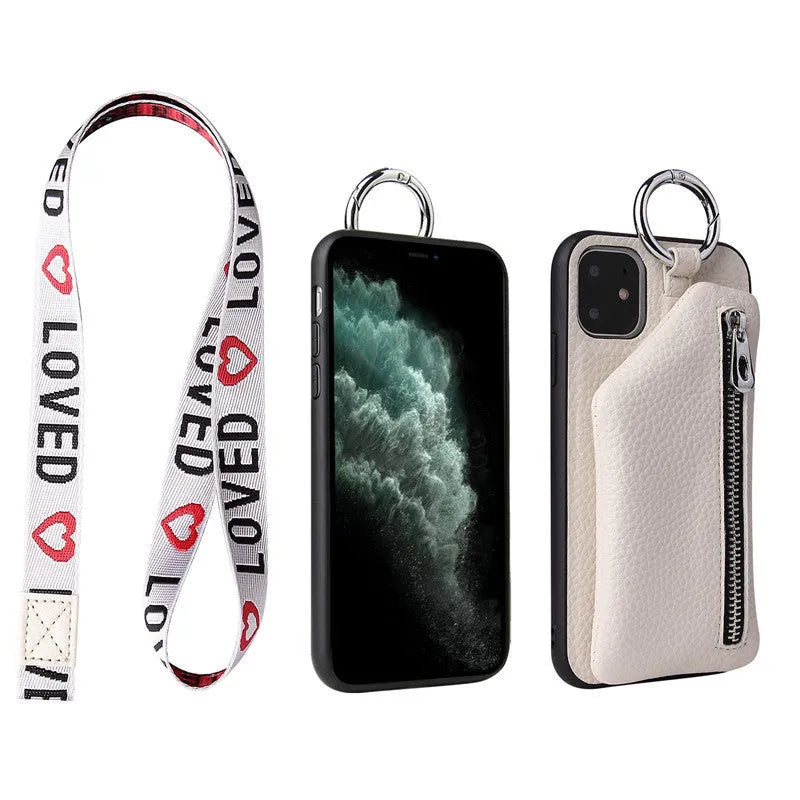 Pink PU leather phone case with a matching crossbody neck lanyard attached, shown fitting an iPhone.
