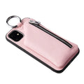 Pink PU leather phone case with a matching crossbody neck lanyard attached, shown fitting an iPhone.