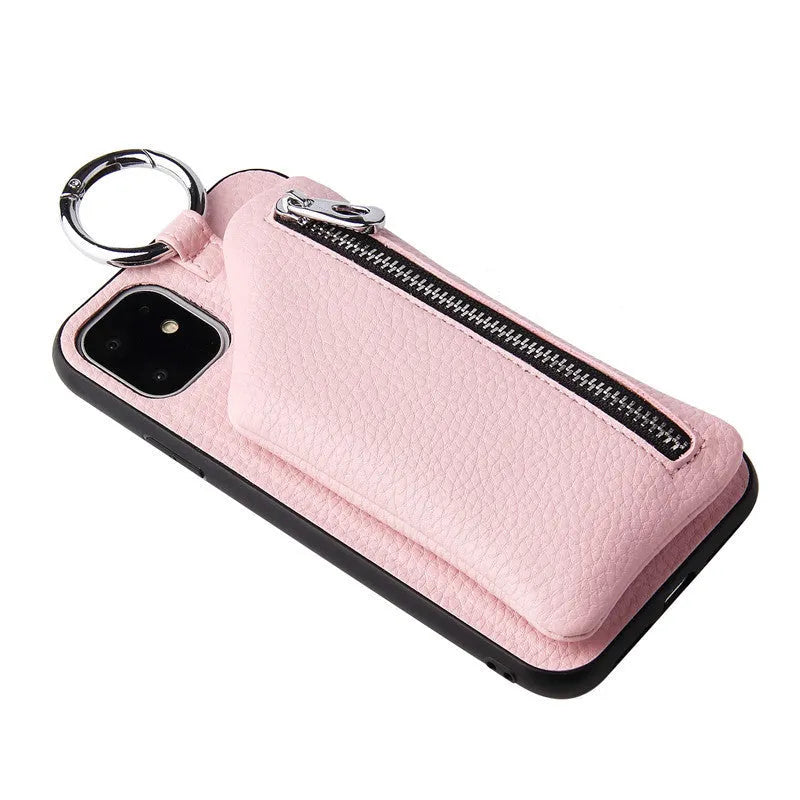 Pink PU leather phone case with a matching crossbody neck lanyard attached, shown fitting an iPhone.