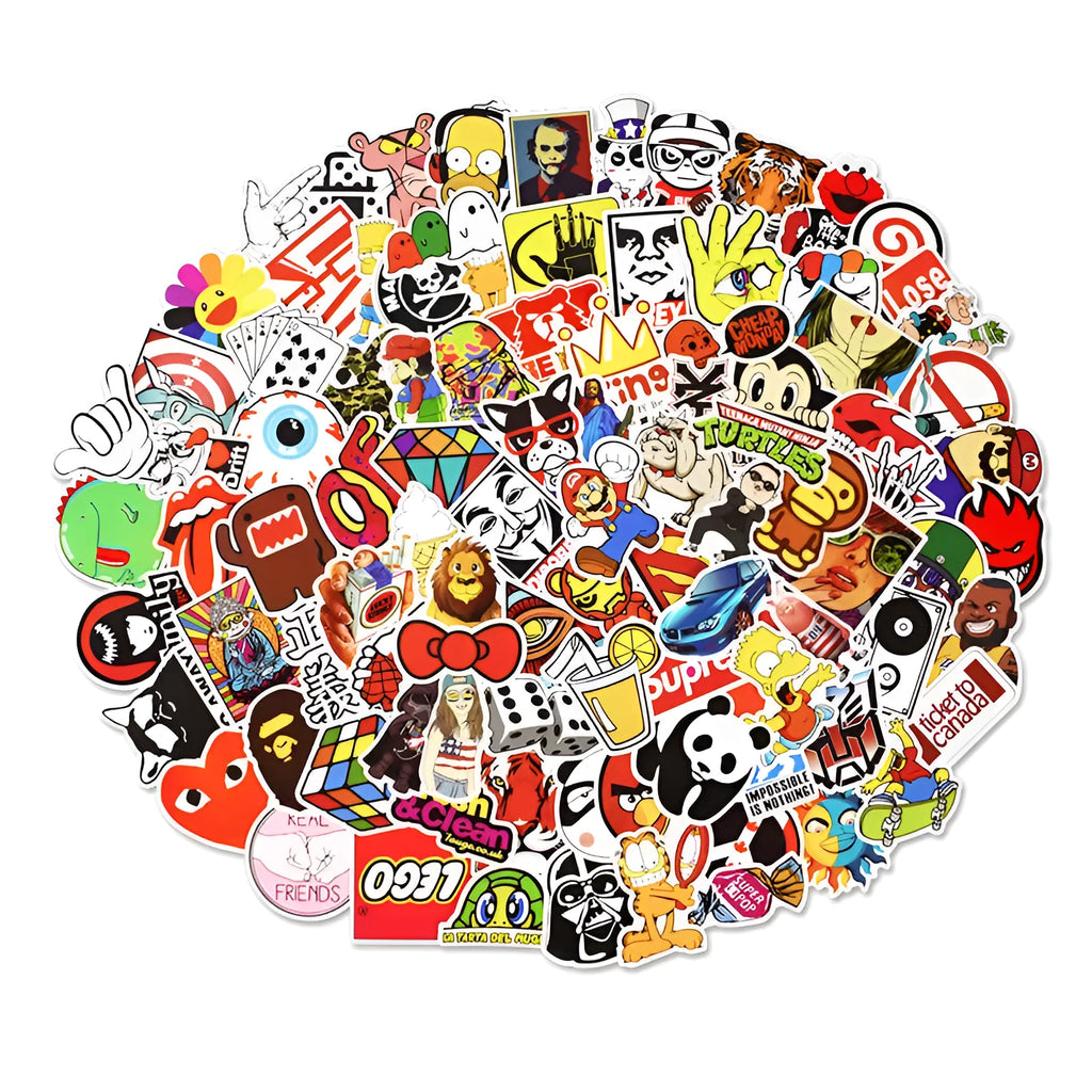 100 mixed graffiti and car themed self-adhesive stickers ranging 6cm to 12cm for luggage and smooth surfaces