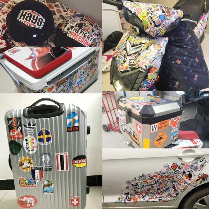 100 mixed graffiti and car themed self-adhesive stickers ranging 6cm to 12cm for luggage and smooth surfaces