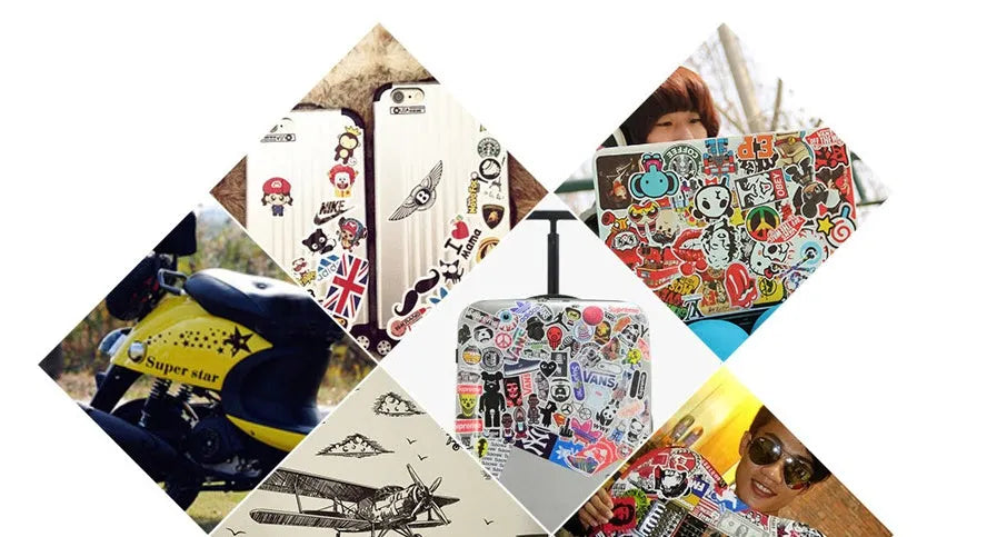 100 mixed graffiti and car themed self-adhesive stickers ranging 6cm to 12cm for luggage and smooth surfaces