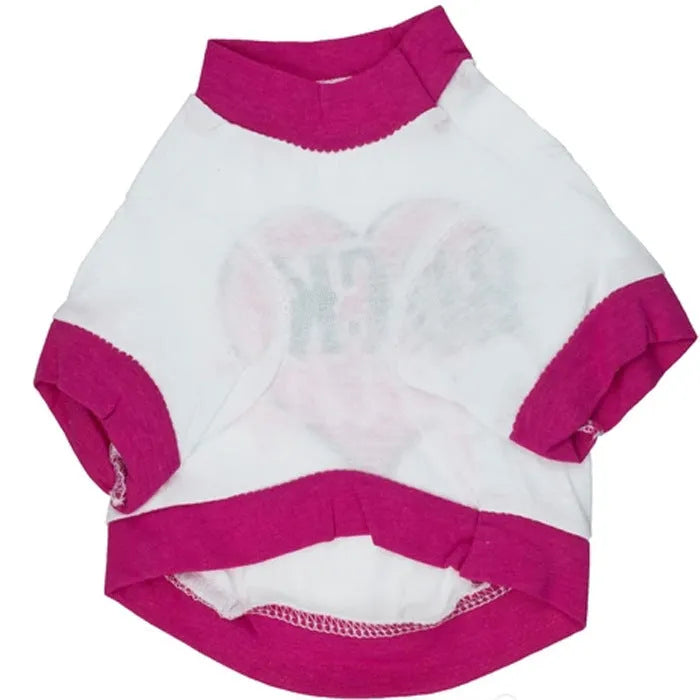 A plain cotton T-shirt for a dog, shown in a casual style on a mannequin.