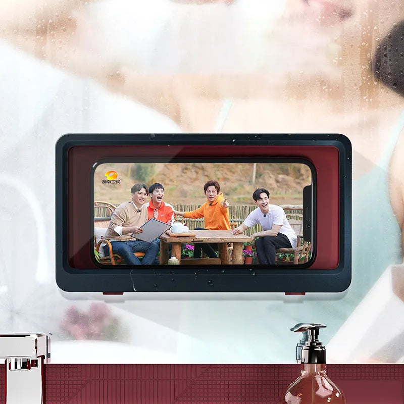 Waterproof bathroom phone holder mounted on wall holding mobile device