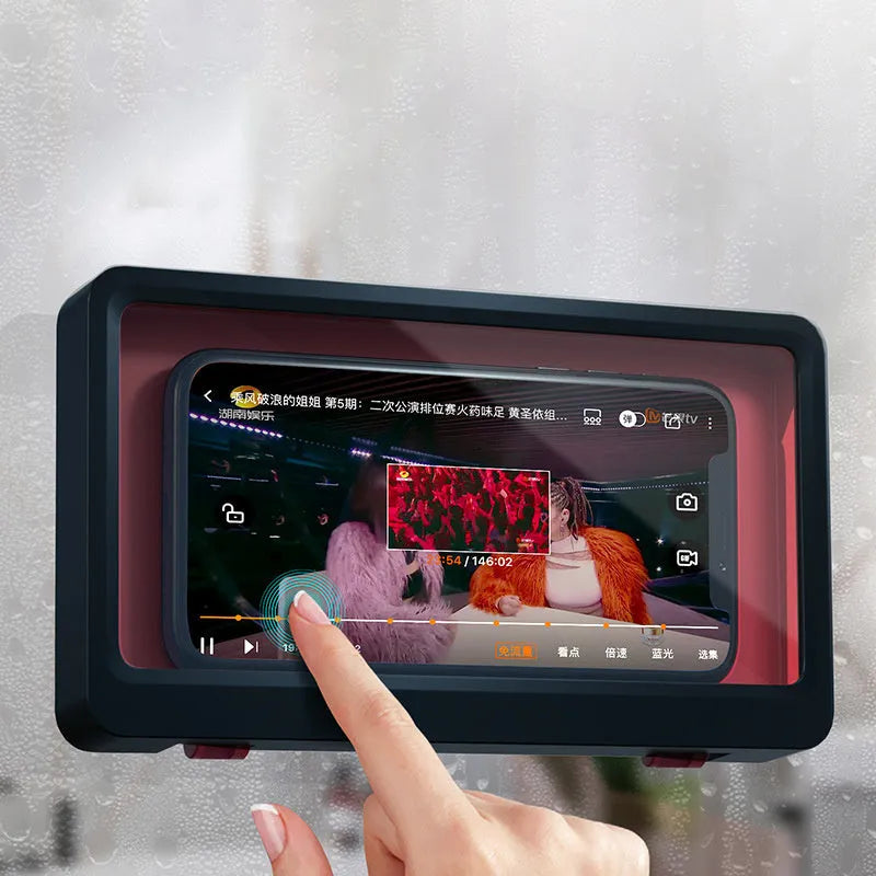 Waterproof bathroom phone holder mounted on wall holding mobile device