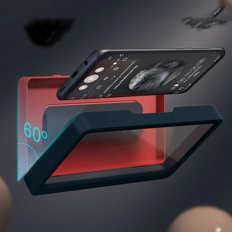 Waterproof bathroom phone holder mounted on wall holding mobile device