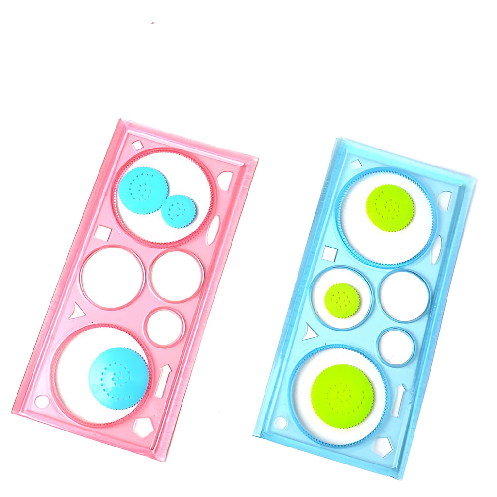 Set of coloured plastic hollow wreath template rulers for drawing and stencilling