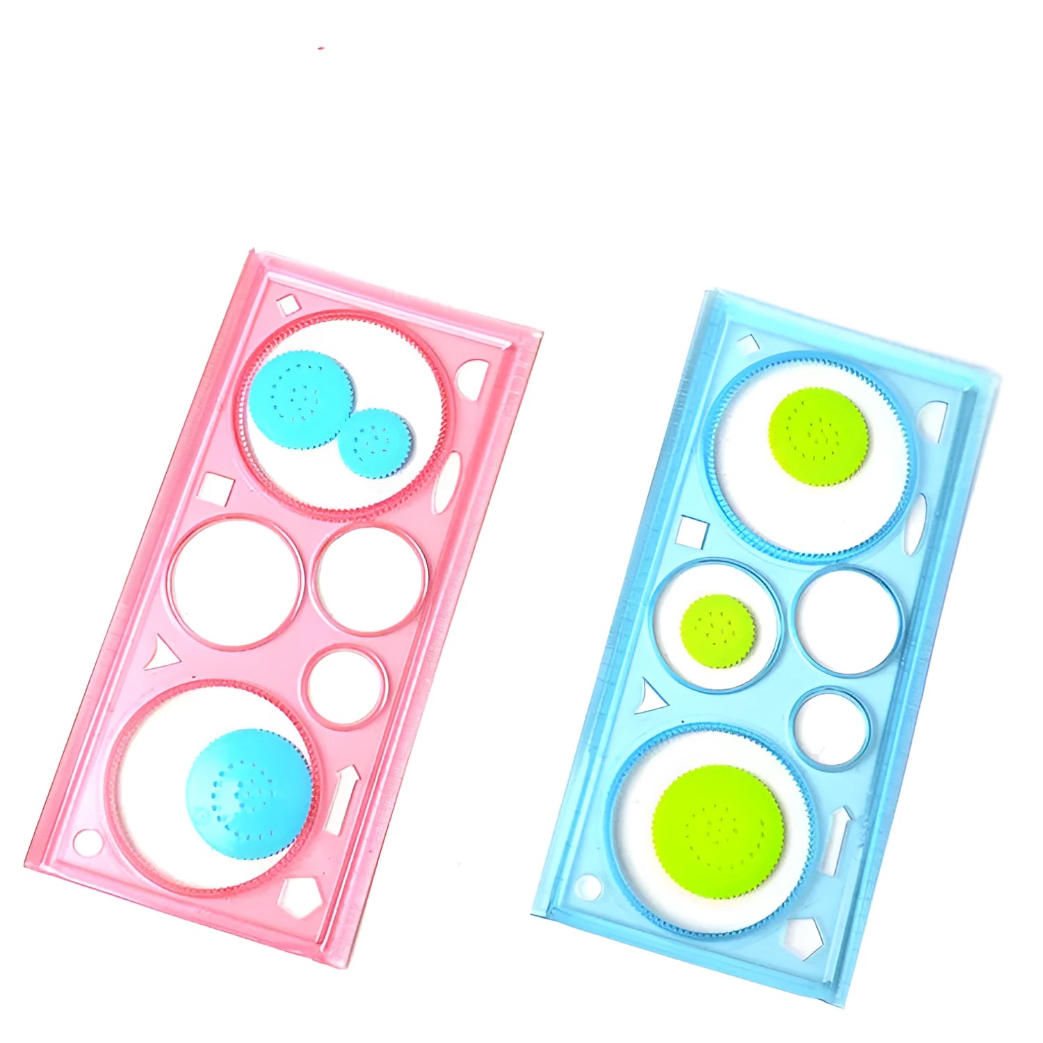 Set of coloured plastic hollow wreath template rulers for drawing and stencilling