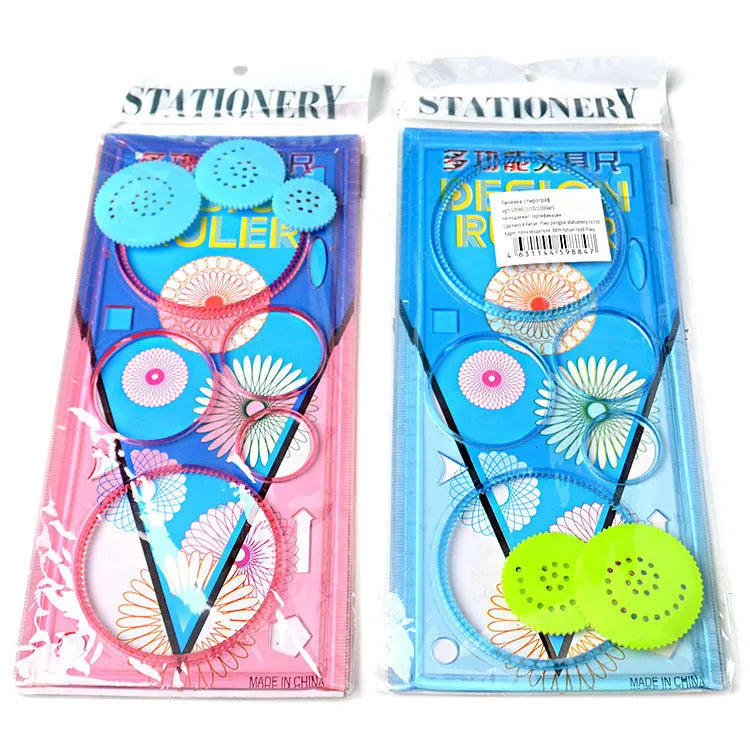 Set of coloured plastic hollow wreath template rulers for drawing and stencilling