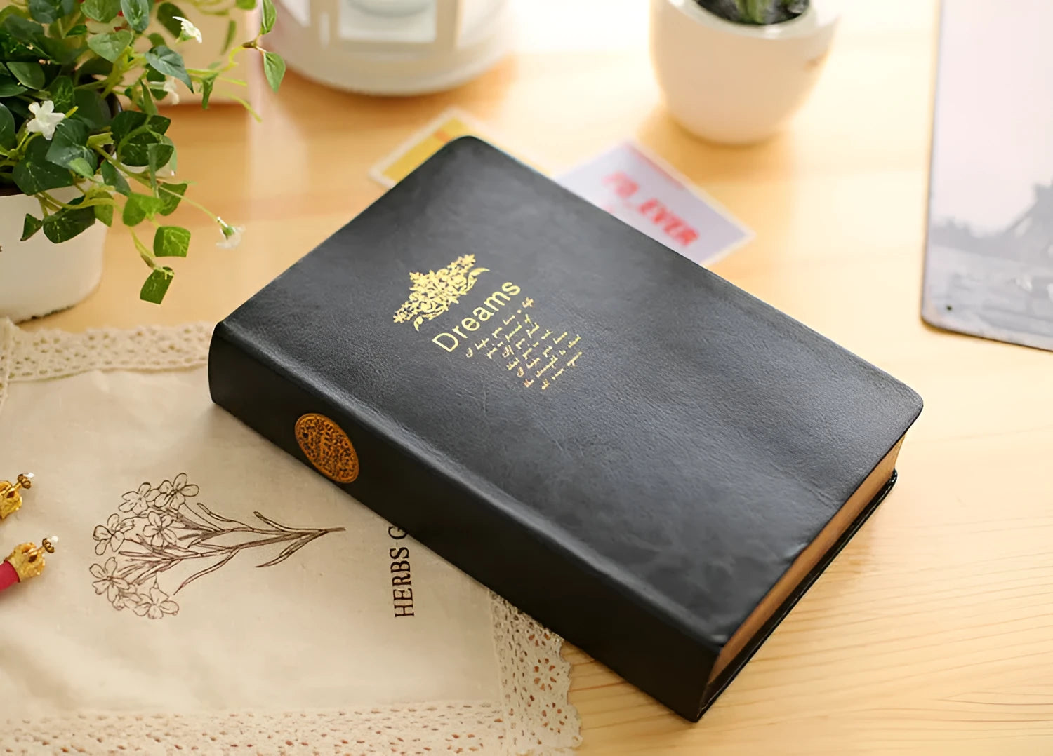 Jingu 35mm thick imitation leather notebook open on a desk.