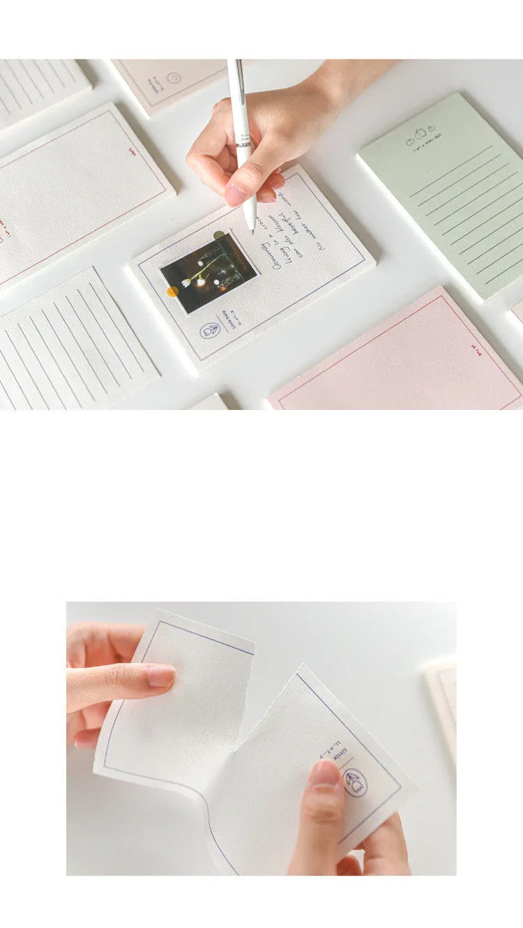 Rectangular memo pad notebook with paper cover compatible with iPhone, showing four colour design options