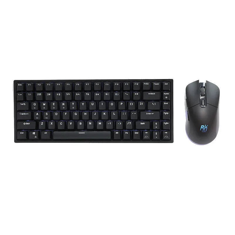 RK526 wireless mechanical keyboard and mouse set in blue, brown, or red colours with USB transmitter.