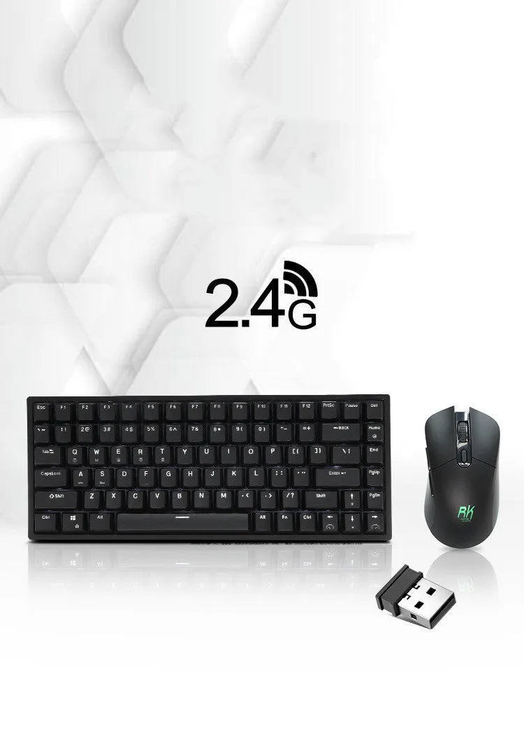 RK526 wireless mechanical keyboard and mouse set in blue, brown, or red colours with USB transmitter.