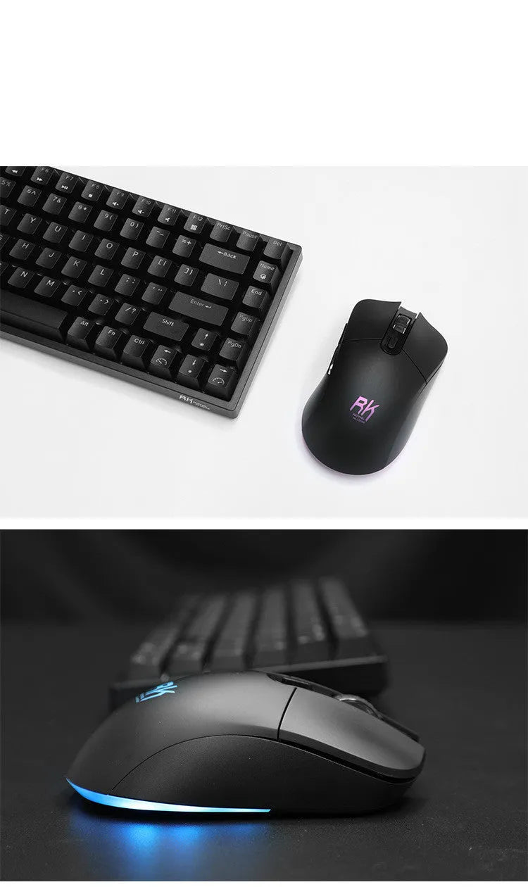 RK526 wireless mechanical keyboard and mouse set in blue, brown, or red colours with USB transmitter.