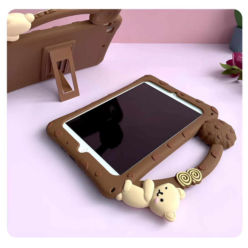 Brown cartoon-style silicone flat shell sleeve for an iPad tablet.