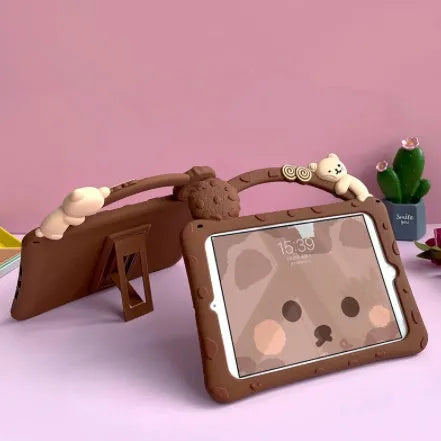 Brown cartoon-style silicone flat shell sleeve for an iPad tablet.