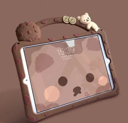 Brown cartoon-style silicone flat shell sleeve for an iPad tablet.