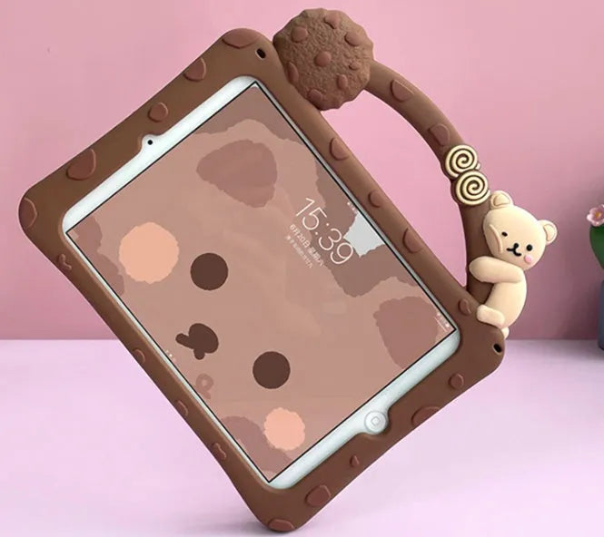 Brown cartoon-style silicone flat shell sleeve for an iPad tablet.